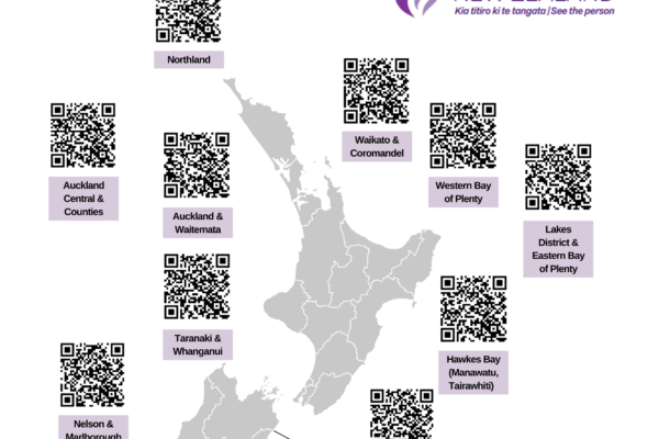 NZ map with location of epilepsy educators QR codes